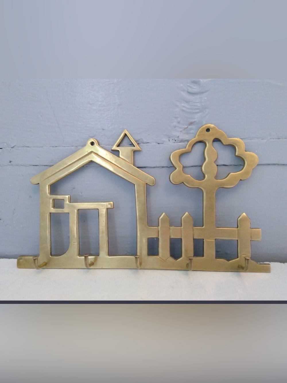 Vintage 1970s Brass Key Holder featuring a House Tree Picket Fence Design